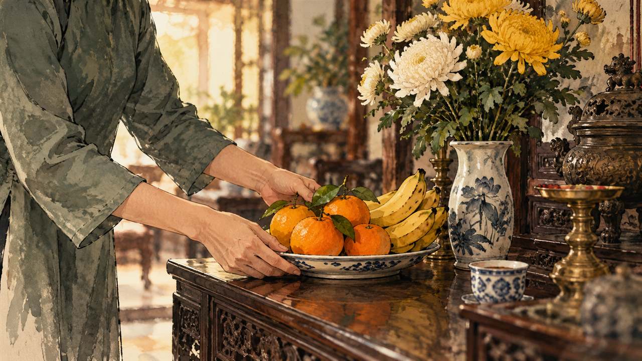 Hands placing a plate of oranges and bananas beside a vase of chrysanthemums on a wooden altar