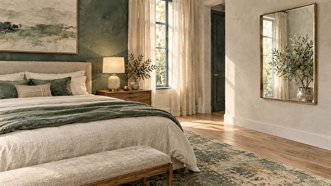 A bedroom side-wall mirror reflecting a leafy plant and window instead of the bed