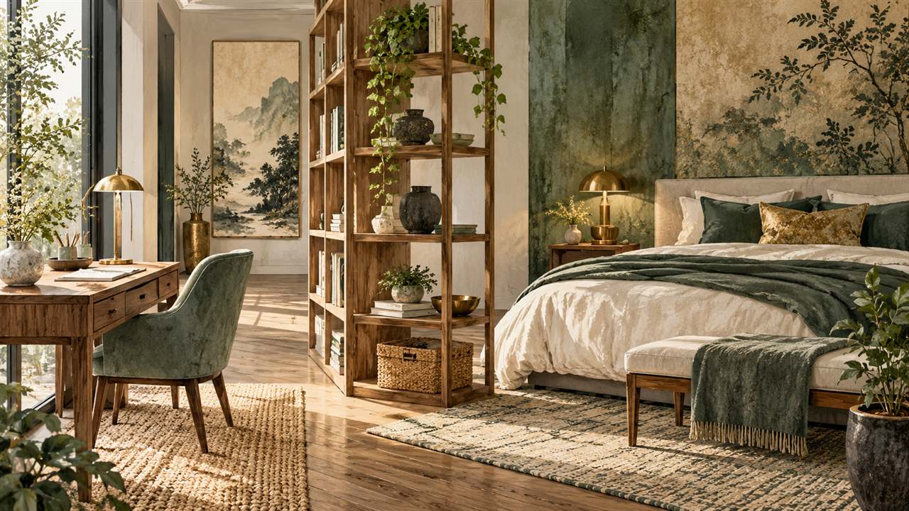 A wooden shelf separating a writing desk from a linen bed in a studio room