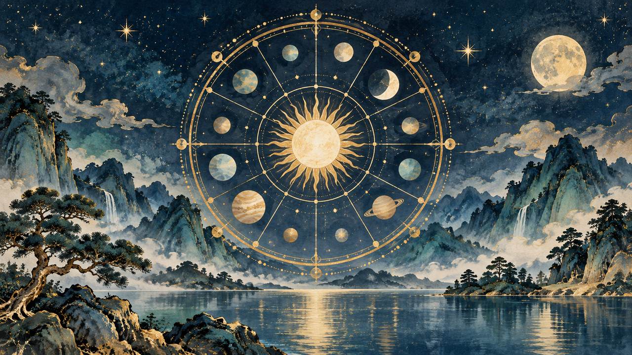 A decorative golden celestial wheel floats above a mountain lake under a starry sky.