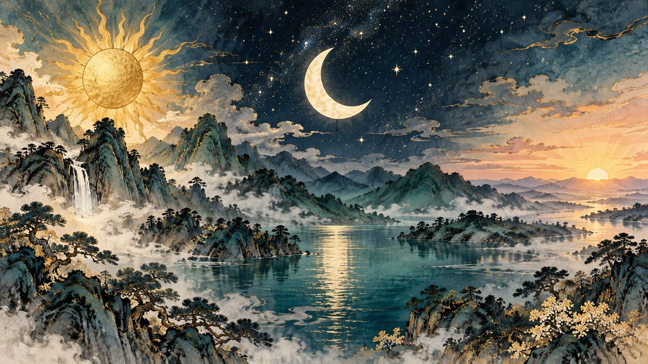 A golden sun, ivory crescent moon and dawn horizon appear over a mountain lake.