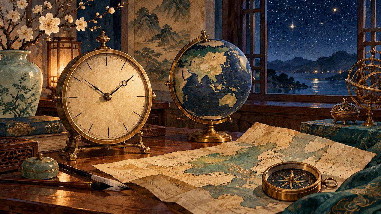 A brass clock, globe, unlabeled map and compass sit by a window overlooking a starry sky.