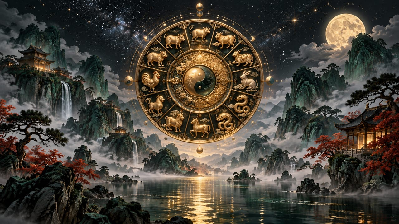 Golden celestial wheel above a misty mountain lake