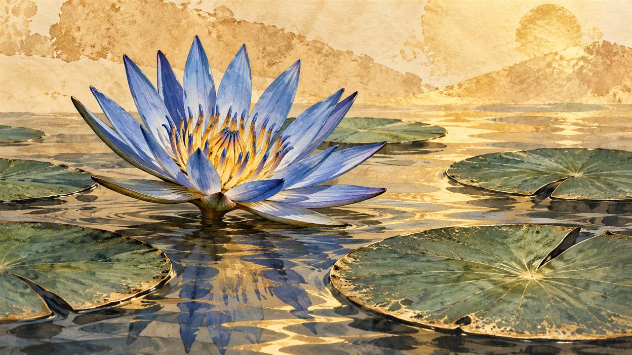 A blue water lily with slender petals and a yellow center among floating notched lily pads