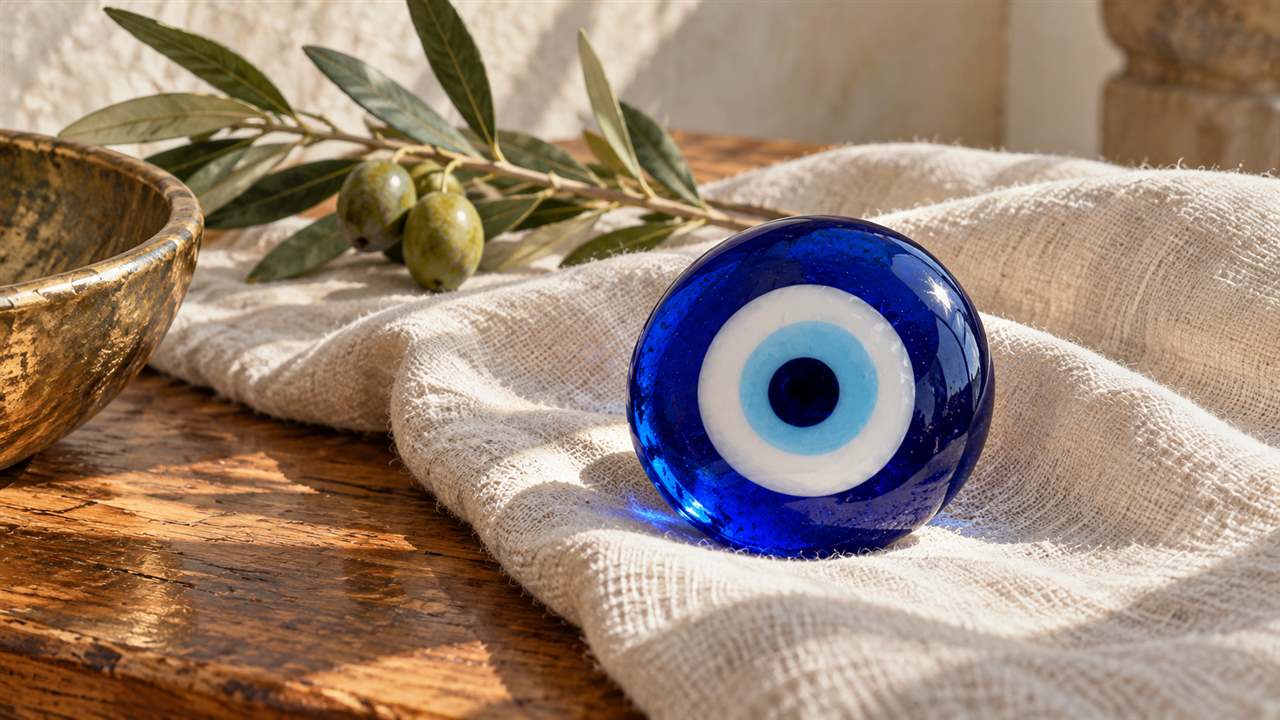 A cobalt-blue glass nazar with white and pale-blue rings on linen beside an olive sprig