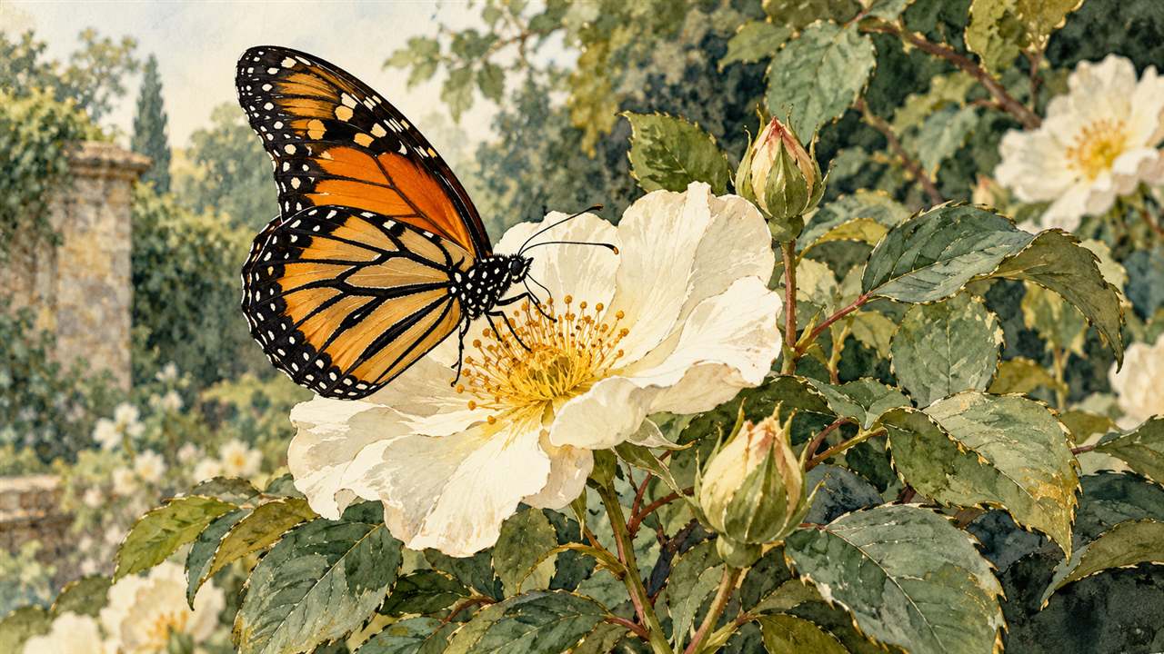 An orange and black butterfly resting on a white garden flower