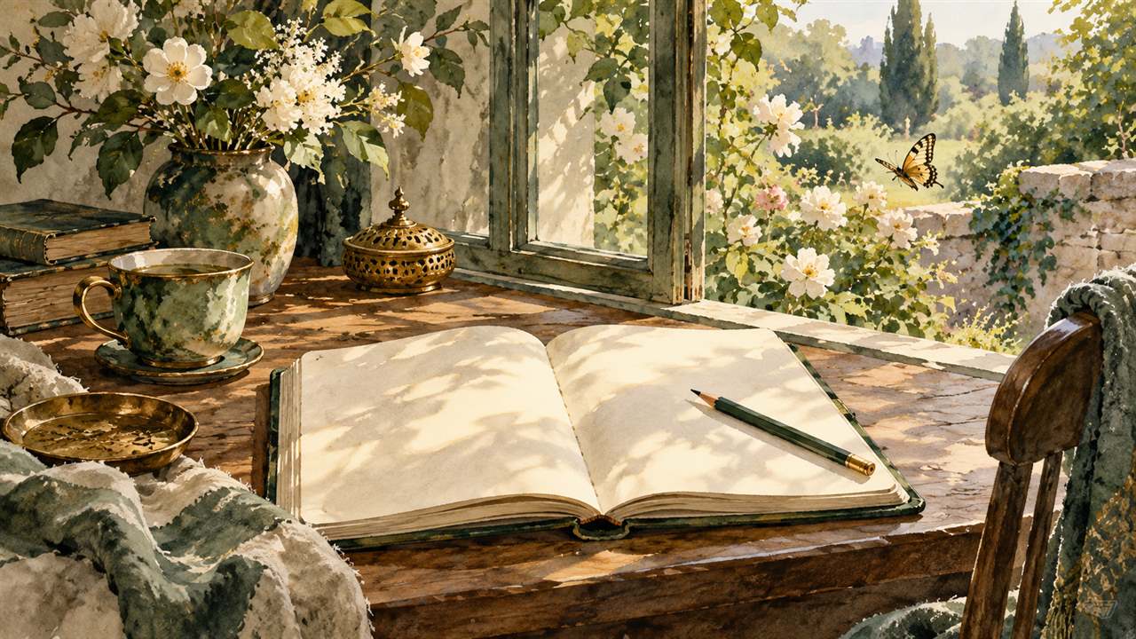 A blank journal beside a garden window with a butterfly outside