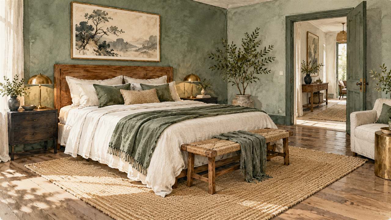 A linen bed with wooden headboard, bedside tables and a clear path to an open door