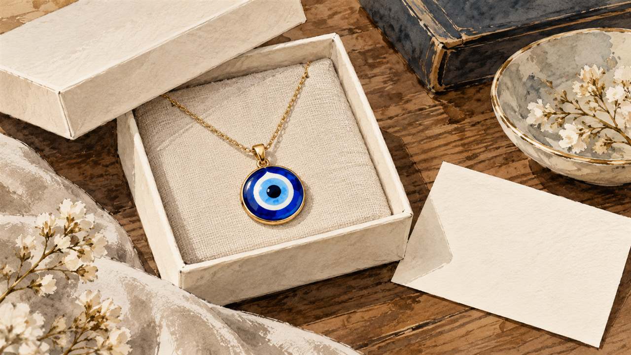 A blue eye pendant on a chain inside an open ivory gift box beside a blank card