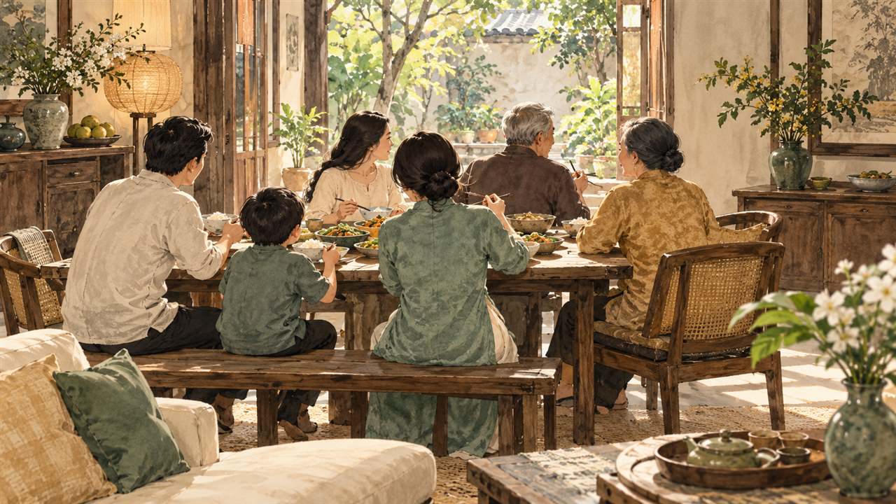 A multigenerational family sharing a meal at a wooden table, viewed mostly from behind