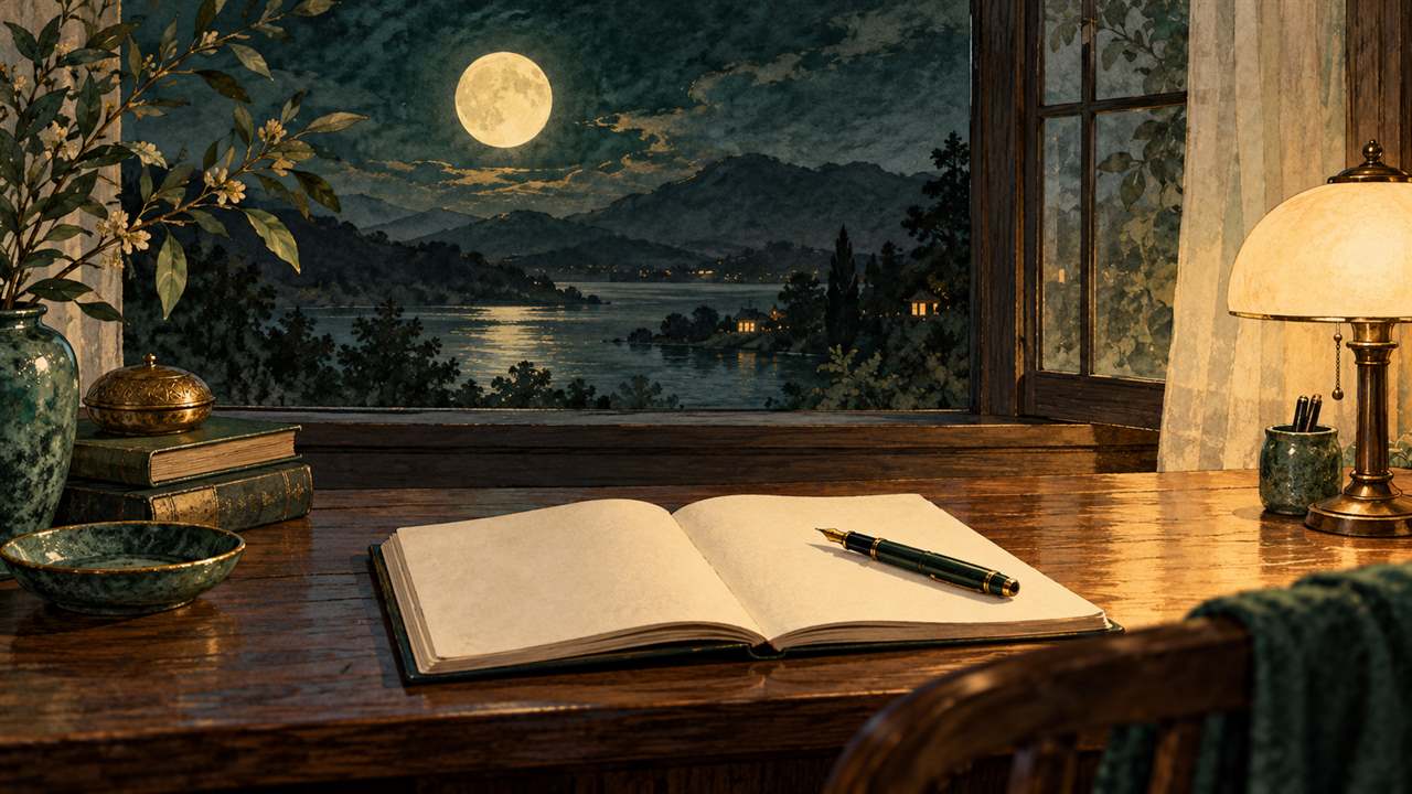 An open blank journal and lamp beside a window overlooking the full moon