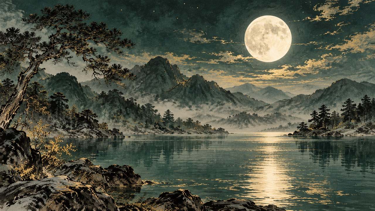 A full moon above a calm lake and distant trees at night