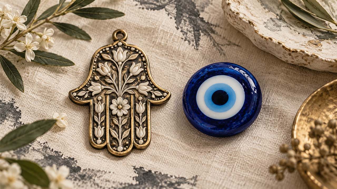 A floral hand-shaped metal charm beside a separate blue glass eye bead on linen