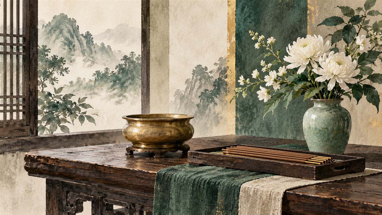 Unlit incense sticks, a brass bowl and flowers arranged on a wooden table