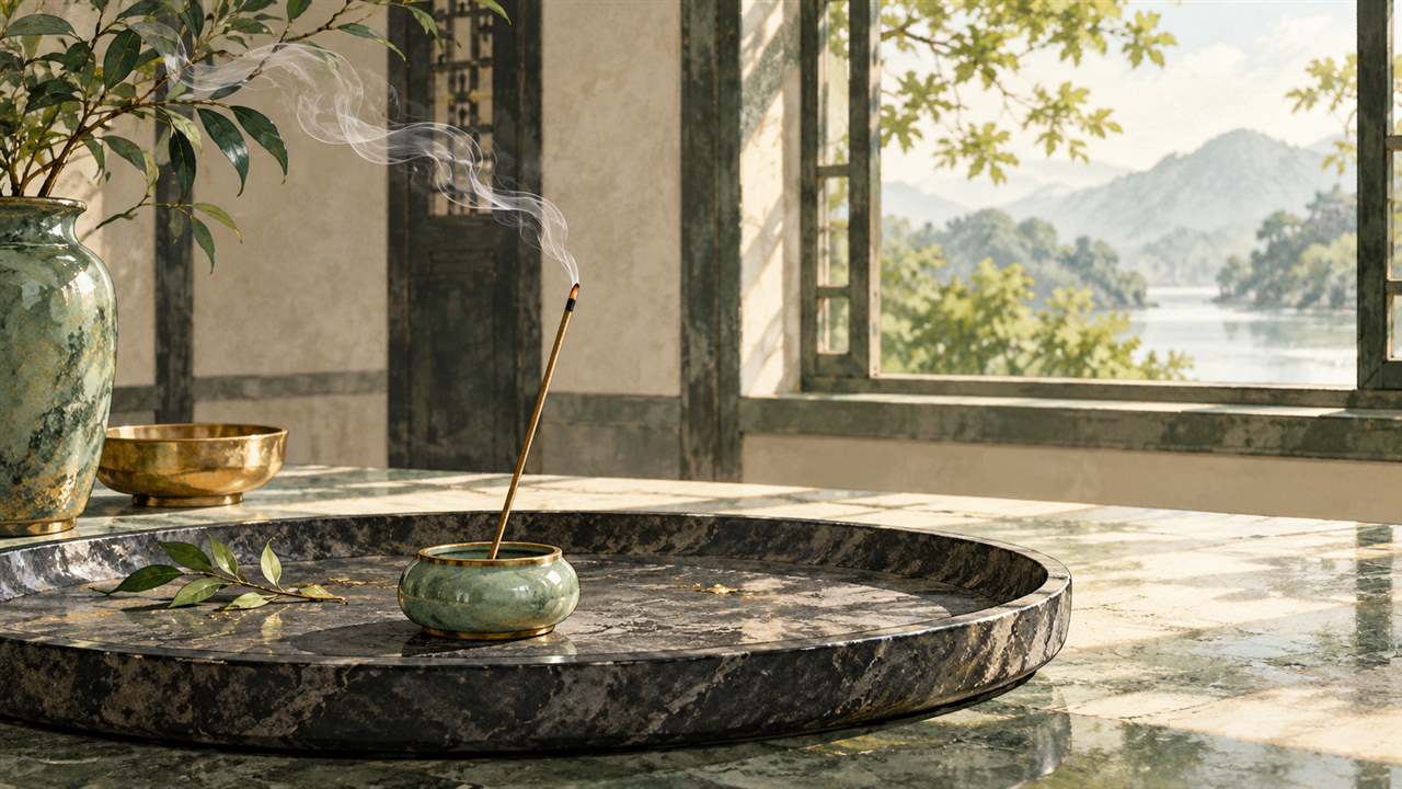 One incense stick in a ceramic holder on a broad stone tray near an open window