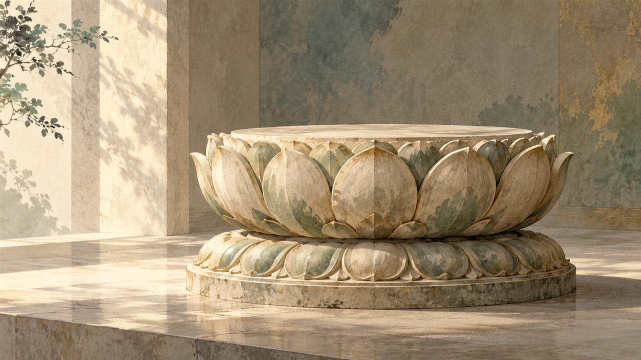 A stone pedestal with layered lotus petals in soft daylight