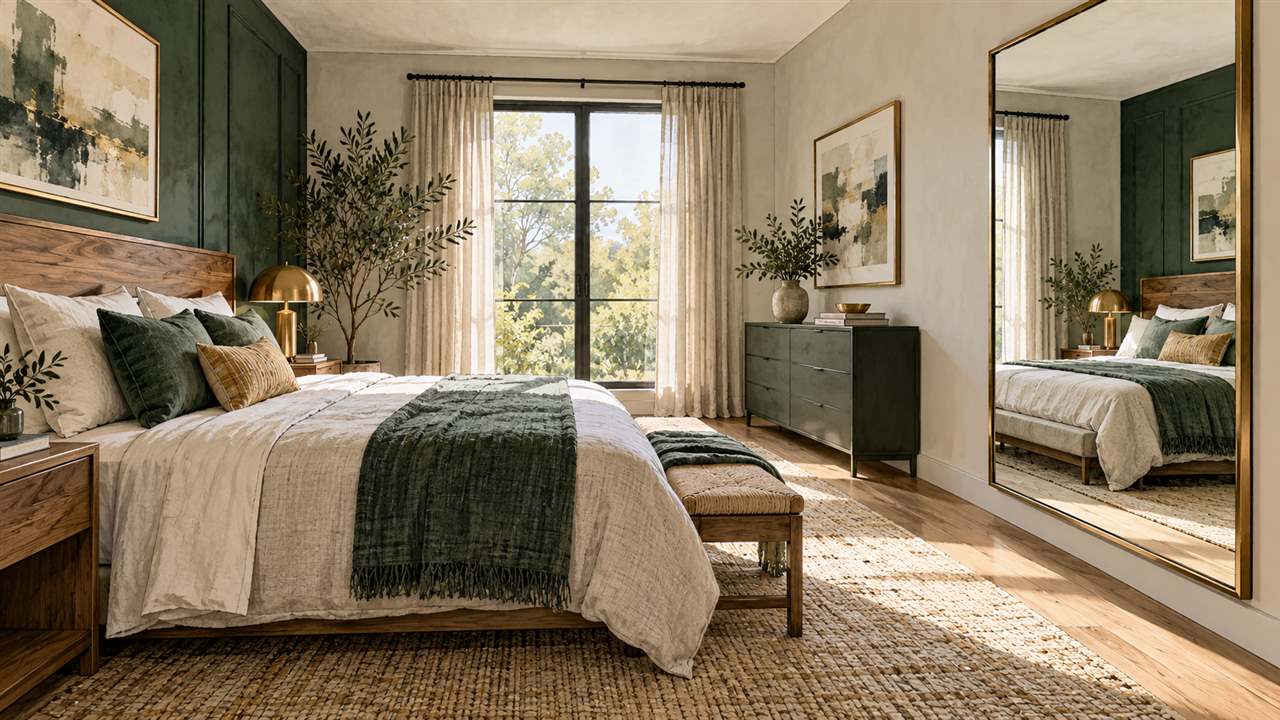 A large wall-mounted mirror opposite a wooden bed reflecting the linen bedding and pillows