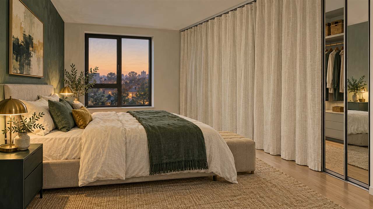 An opaque linen curtain covering most mirrored wardrobe doors opposite a bed