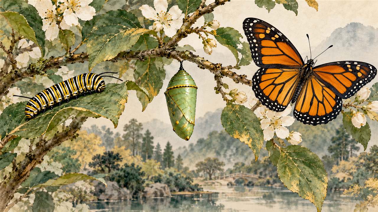 Illustration of a monarch caterpillar, green chrysalis and adult butterfly