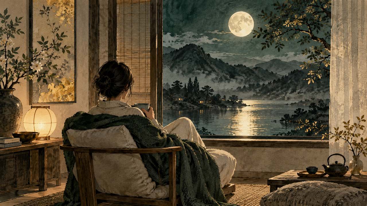 A person sitting quietly with their back to the viewer beside a moonlit window