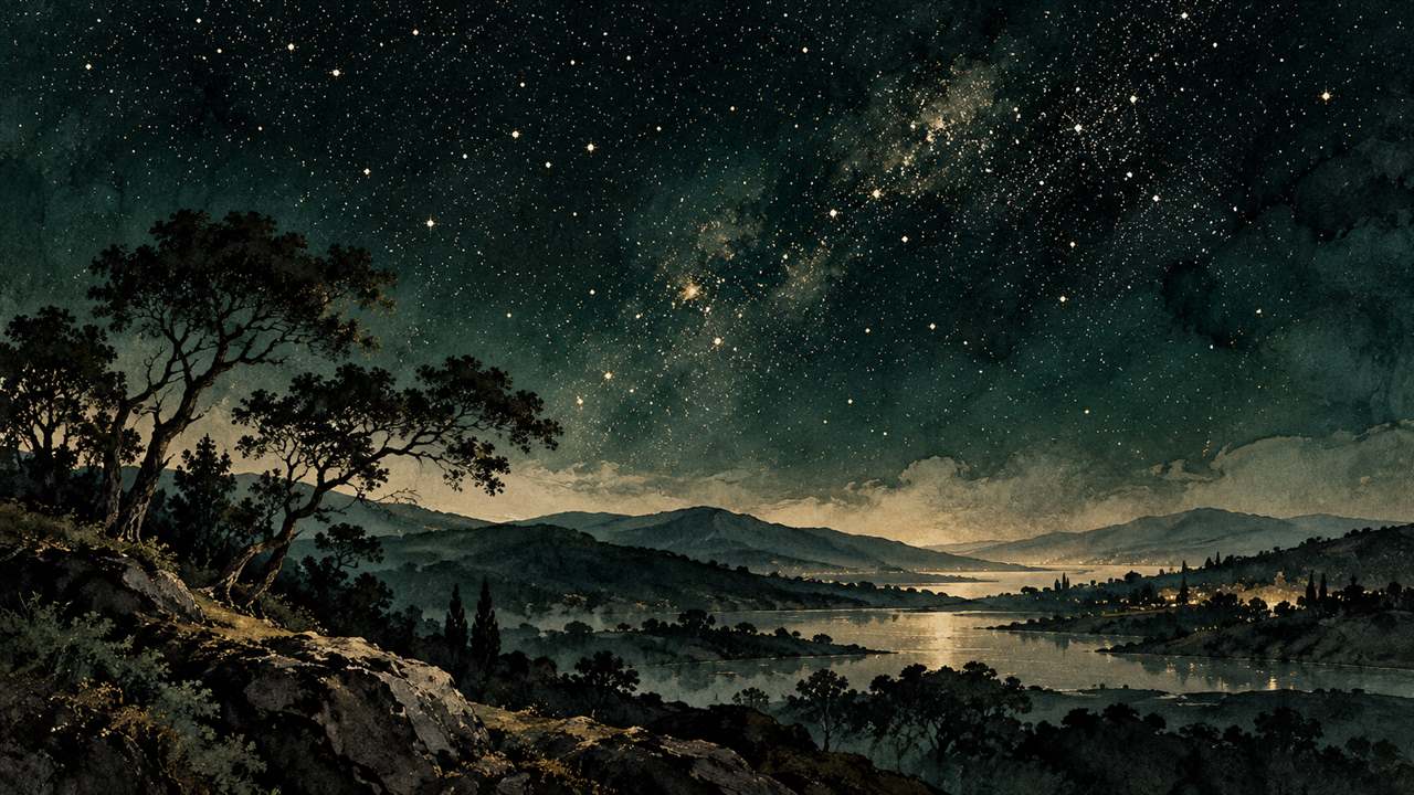 Stars above a quiet lake under a dark sky with no visible Moon