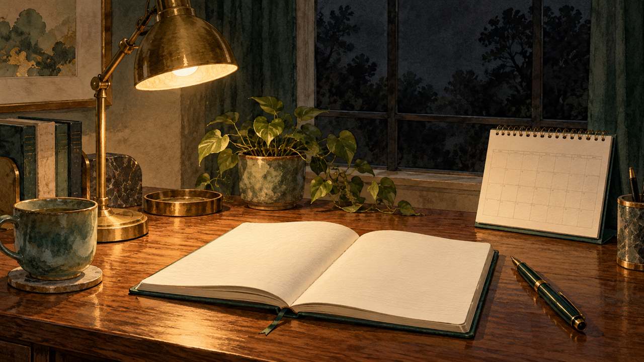 A blank notebook and calendar beside a plant and dark window