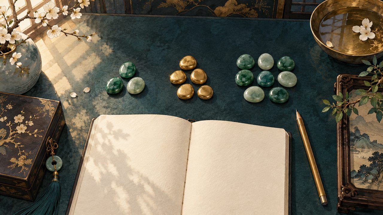 Three groups of jade and gold stones sit beside a blank notebook on a teal desk.