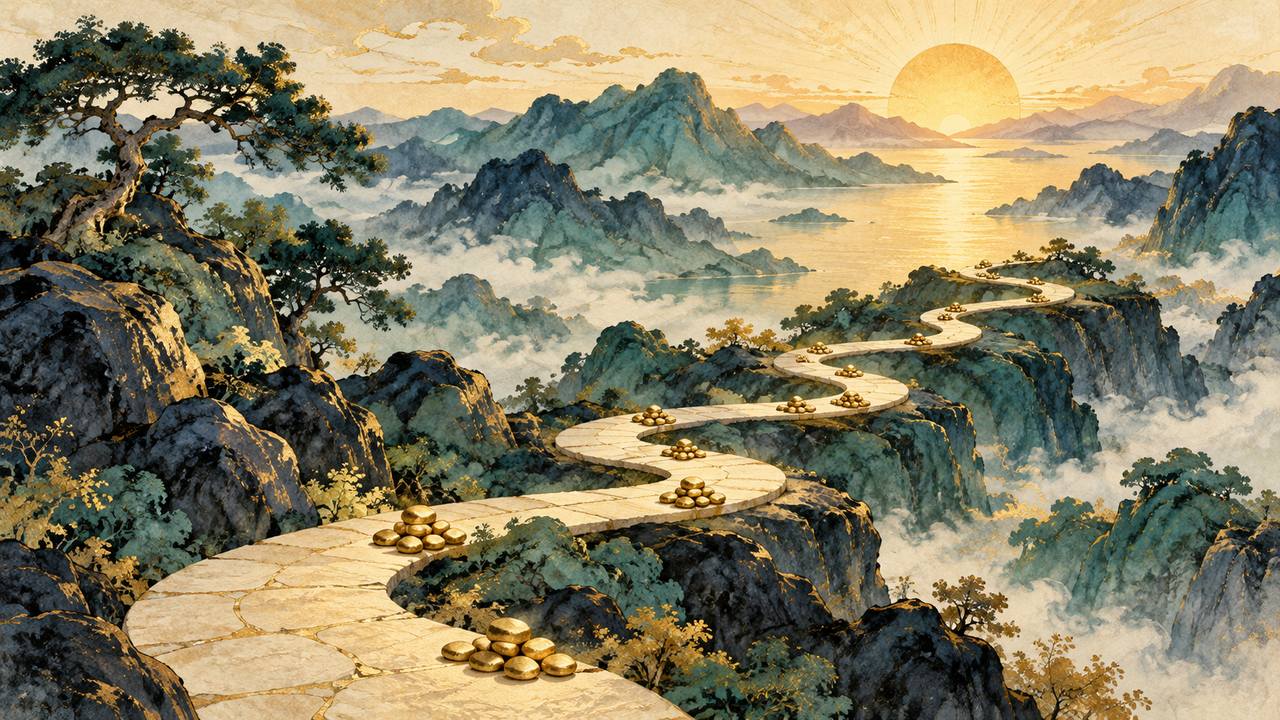 A winding stone path with golden pebbles crosses misty mountains toward sunrise.