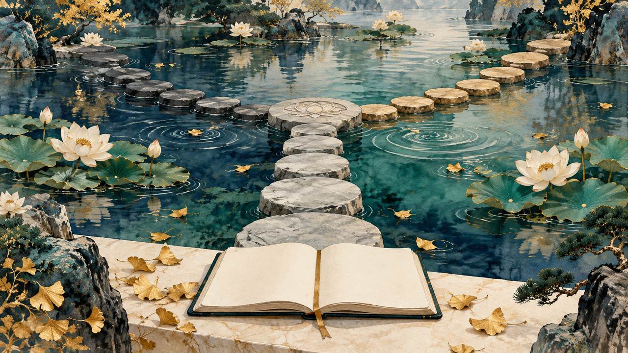 Stone paths meet over a lotus pond beside an open blank journal.