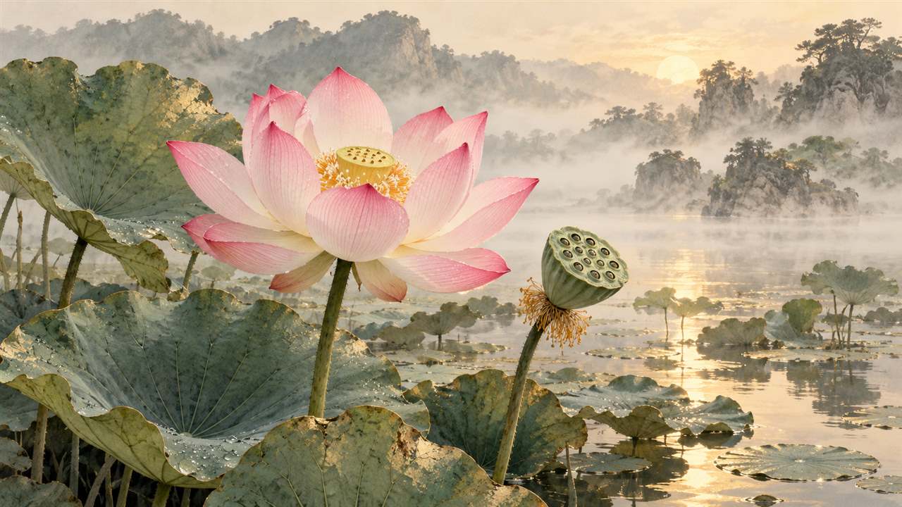 A pink sacred lotus above a misty pond beside a green seed pod and broad round leaves