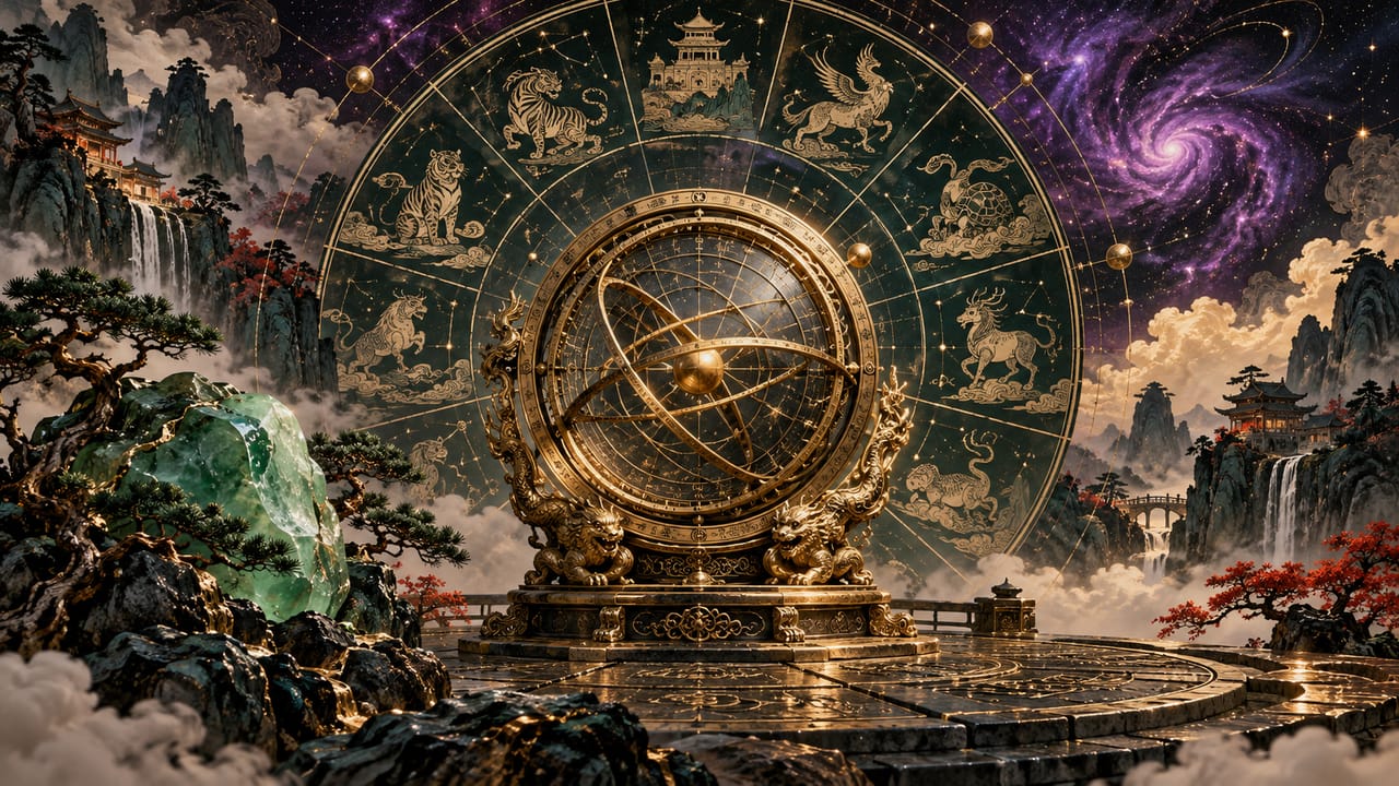 Antique golden astrolabe beneath a purple night sky