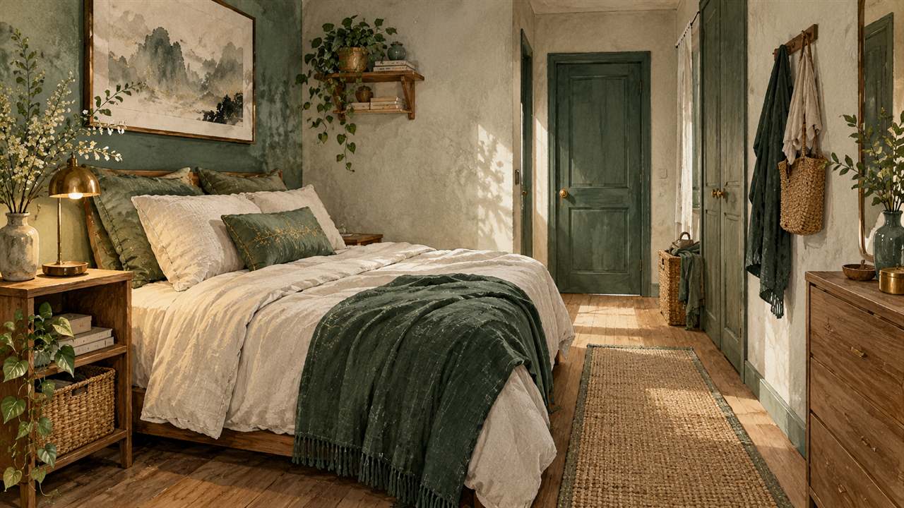 A compact bedroom with a linen bed, tidy storage and an unobstructed path to the door