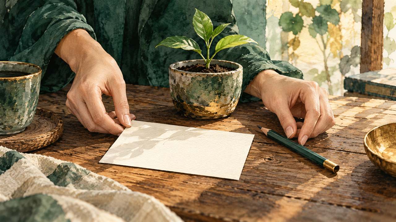 Hands holding a blank note card beside a small seedling