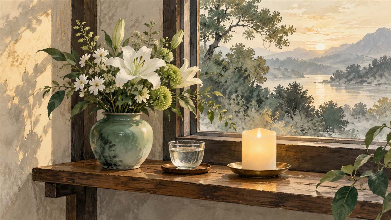 Flowers, a cup of water and a candle-shaped light beside a window