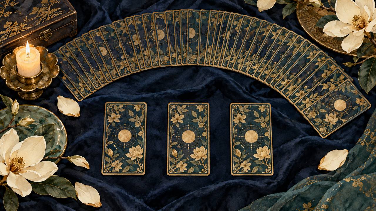 A fan of gold-patterned card backs rests above three face-down cards on navy cloth.