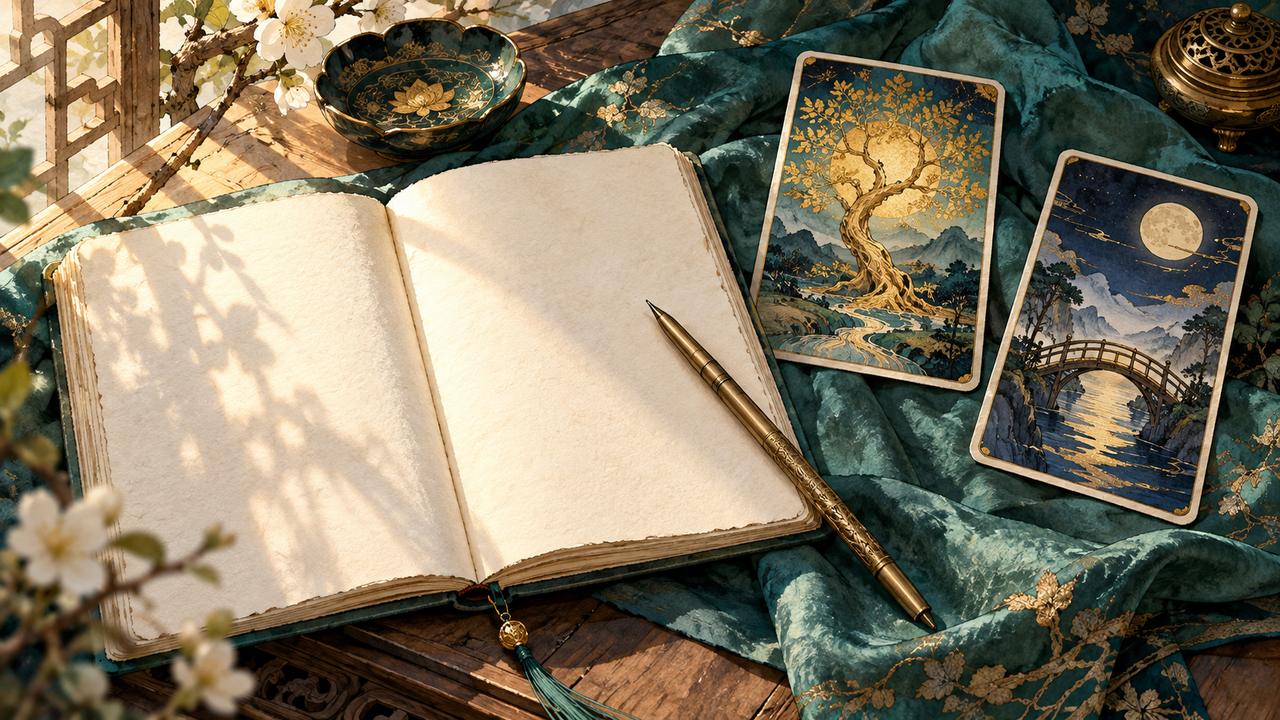 A blank journal and brass pen lie beside cards showing a golden tree and a moonlit bridge.