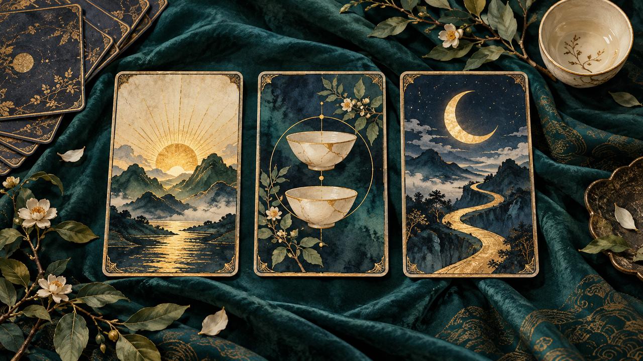 Three illustrated cards show a sunrise, two bowls and a moonlit winding path on teal cloth.