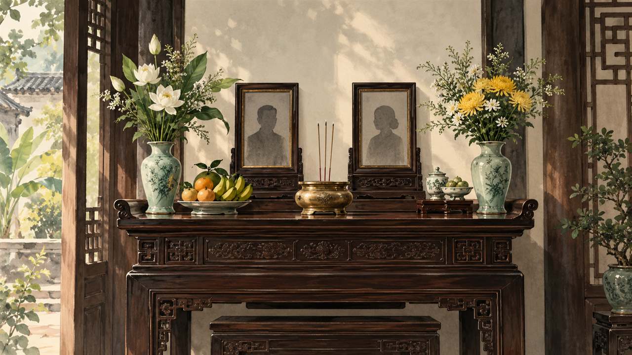 A Vietnamese ancestor altar with a brass incense bowl, indistinct portraits, fruit and flower vases
