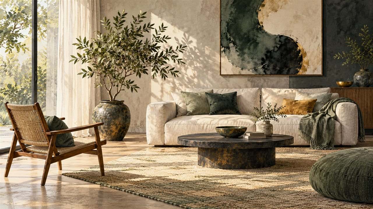 Sunlight and soft shadows across a living room with a linen sofa, wooden chair and leafy plants