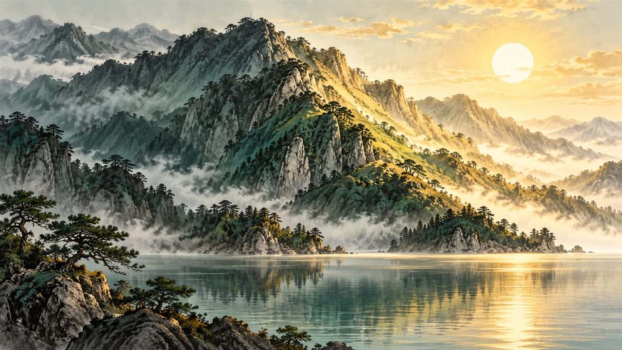 A mountain ridge with one slope in cool shade and the other lit by warm sunlight