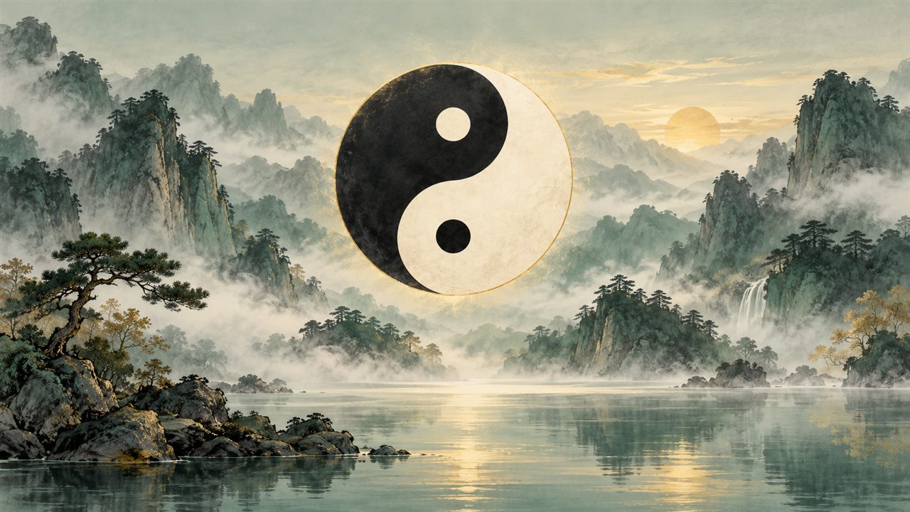 Black-and-ivory yin yang symbol with opposite-colored dots above a misty mountain lake